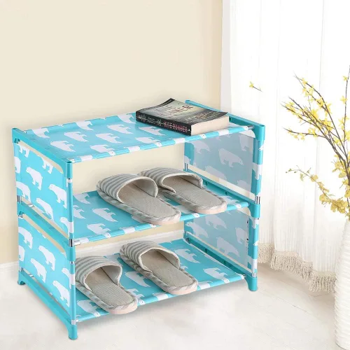 Vista 7 de Estantes apilables de 3 niveles, zapatero pequeño para niños, fácil de montar, organizador de zapatos para entrada, pasillo y armario (azul)