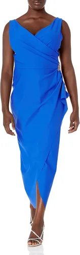 Vista 7 de Alex Evenings - Vestido largo adelgazante para mujer con falda lateral fruncida y volante en cascada Negro