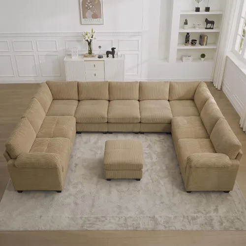 Vista 23 de Sofá modular de 61 pulgadas con otomana, asiento extra profundo para sala de estar, sofá de asiento profundo de pana con almohadas para Beige