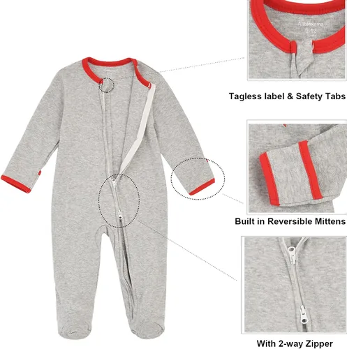 Vista 3 de Aablexema Pijama de bebé con puños de manopla, doble cremallera, ropa de algodón para bebés, pijamas para dormir con pies