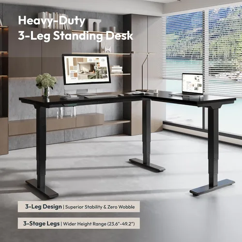 Vista 6 de SANODESK 63"x47" L-Shaped Electric Standing Desk, Triple Motor, Black Black Desktop+black Frame