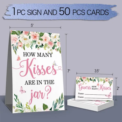 Vista 4 de How Many Kisses - Tarjetas de juego para fiesta de baby shower, besos florales de mariposas que adivinan baby showers, boleto de rifa, decoración