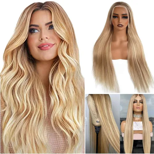 Vista 2 de Pelucas de encaje frontal rubio con reflejos, cabello humano 13x4, malla frontal transparente HD, estilo ombre, color marrón dorado a rubio