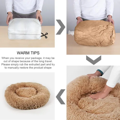 Vista 8 de Cama para perros, cama calmante para gatos, cama de felpa de piel sintética con forma de rosquilla para mascotas, cama redonda para perros y gatos