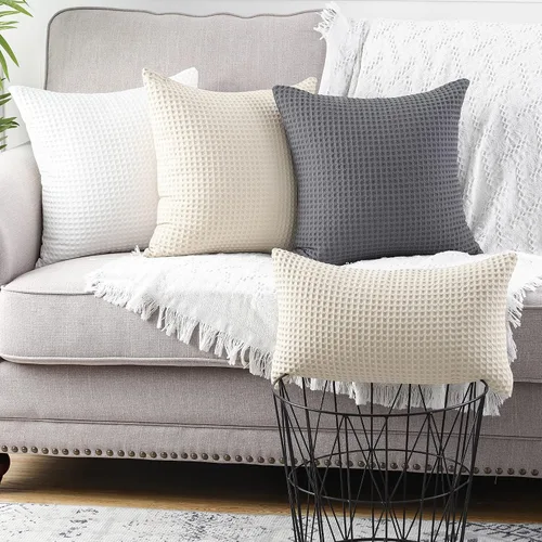 Vista 7 de MANDIOO Juego de 2 fundas de almohada lumbares con textura de gofre, fundas de cojín decorativas de algodón sólido suave para sofá, cama, 12 x 20
