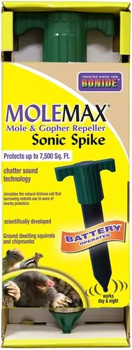 Vista 2 de Bonide Molemax Estaca Repelente de Animales para Tuzas y Topos, Funciona con Pilas, Repelente Humanitario