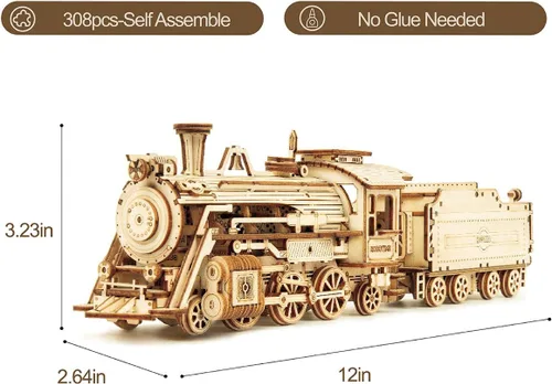 Vista 5 de ROKR Rompecabezas de madera 3D para adultos - Kits de modelo de tren mecánico - Rompecabezas para ejercitar el cerebro - Kits de construcción