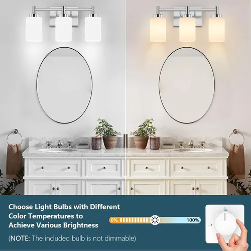 Vista 4 de 3-Light Brushed Nickel Bathroom Light Fixtures Over Mirror, Rustproof Brushed Nickel Vanity Light, Modern Bathroom Vanity Lights with Milky White