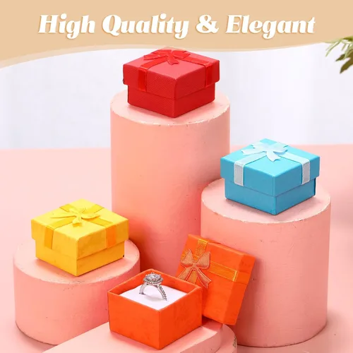 Vista 5 de 160 cajas de regalo para anillos, caja de regalo de cartón, joyería de 1.57 x 1.57 pulgadas, caja cuadrada pequeña a granel con lazo y lazo, caja