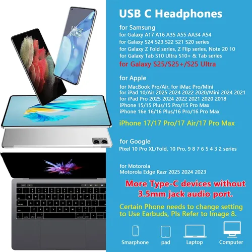 Vista 7 de Samsung - Auriculares intrauditivos USB C con cable para Samsung Galaxy A17 A16 A36 S25 FE Ultra A35 A56 A26 S24 S23 Galaxy Bud, auriculares tipo C