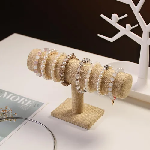 Vista 2 de Justsoso Soporte para pulsera con barra en T, soporte de exhibición de pulsera de lino natural para exhibición en tienda, organizador de joyas