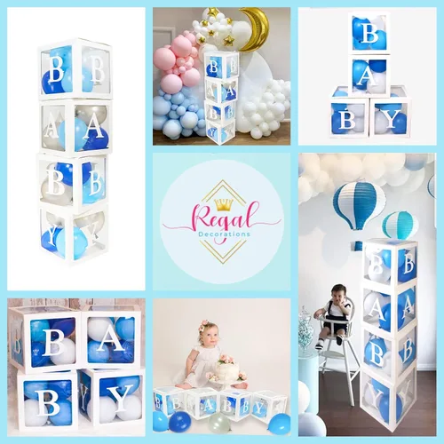 Vista 6 de 82 piezas de decoración de baby shower para niño, juego de caja de globos azul, blanco y gris con letras del alfabeto, decoración de fiesta