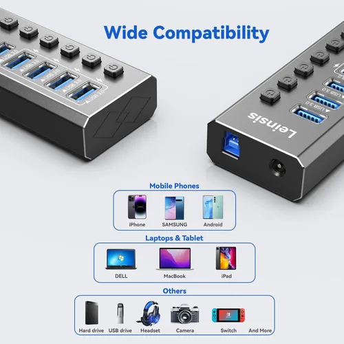 Vista 6 de Hub USB 3.0 alimentado, Leinsis 7 puertos USB 3.0 Hub [aluminio duradero] 7 puertos de transferencia de datos + 4 puertos de carga inteligentes