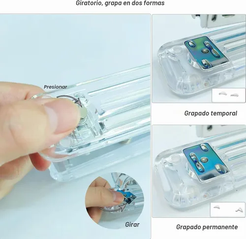 Vista 5 de Engrapadora de escritorio acrílica con 1000 grapas de 26/6, 6 clips de carpeta y 50 clips de papel, kit de accesorios de escritorio para el hogar