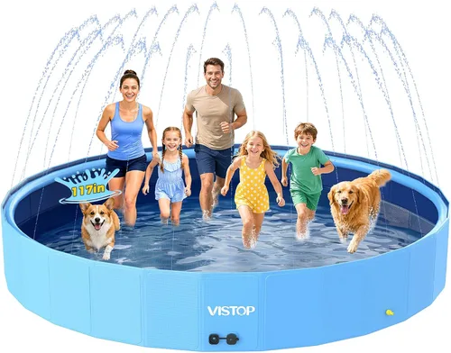 Vista 10 de VISTOP Piscina plegable para perros de 97 pulgadas con rociador, piscina grande de carcasa dura para mascotas, piscina plegable antideslizante