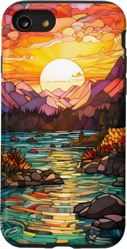 Vista 18 de iPhone 16 Sunset Stained Glass Mosaic Landscape Scene Case