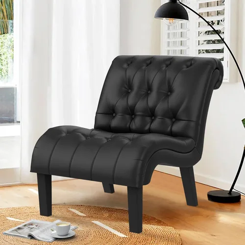 Vista 3 de Silla decorativa de piel sintética negra moderna con botones capitoné tapizada sin brazos para dormitorio, sala de estar con patas de madera Silla