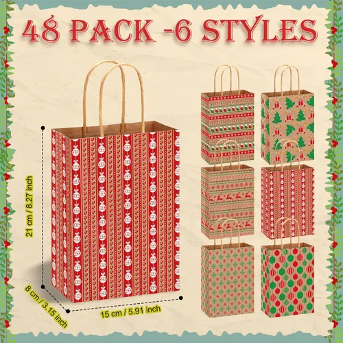 Vista 3 de Fulmoon Juego de 48 bolsas de regalo de papel kraft de Navidad a granel, bolsas de regalo de papel surtido con asa, vacaciones para regalos