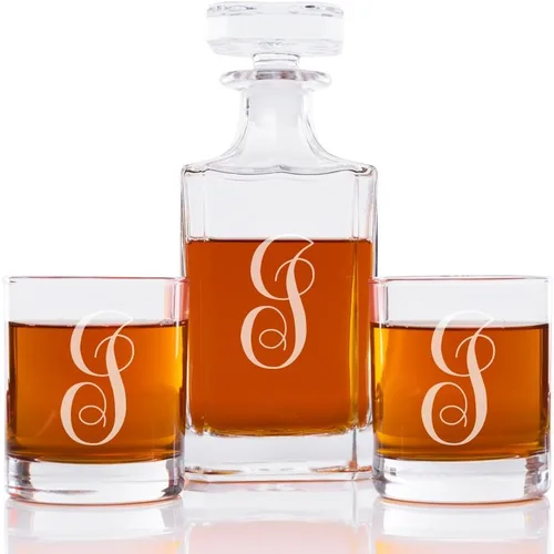 Vista 13 de Abby Smith Juego de decantador de whisky con inicial de estilo lujoso y vasos de rocas, letra A