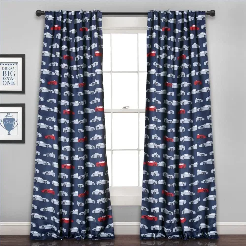 Vista 2 de Lush Decor Race Cars - Juego de cortinas para ventana con filtro de luz, 52 pulgadas de ancho x 63 pulgadas de largo, azul marino y rojo