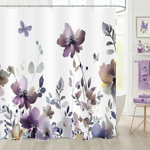Vista 17 de Cortina de ducha floral de primavera, cortinas de ducha de plantas de flores silvestres para baño, cortina de baño de tela de poliéster impermeable