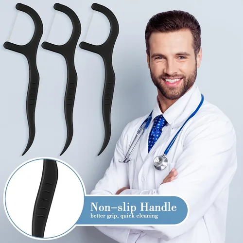 Vista 4 de Baderke 600 púas de hilo dental a granel para adultos, palillos de dientes no rompibles, hilo dental, limpieza dental para viajes familiares (negro)