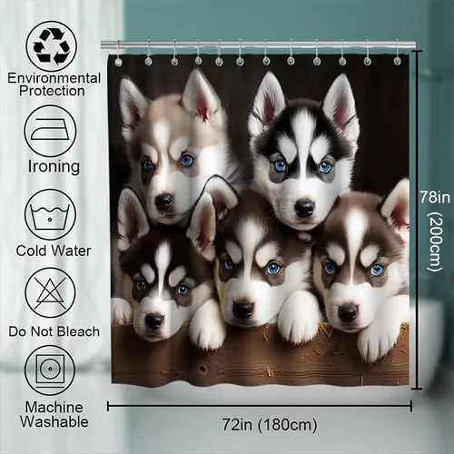 Vista 4 de Bonita cortina de ducha de perro, divertida y encantadora mascota, diseño de perros husky, cachorros, familia, niños, juego de decoración de baño