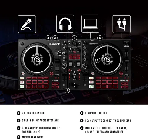 Vista 2 de Paquete completo de equipo de DJ – Numark Mixtrack Pro FX 2 Deck DJ Controller para Serato DJ y M-Audio BX3 altavoces DJ de 3.5 pulgadas