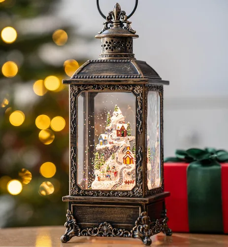 Vista 11 de Globo de nieve de Navidad con agua brillante de muñeco de nieve con música y temporizador, linterna iluminada con pilas para regalos de decoración