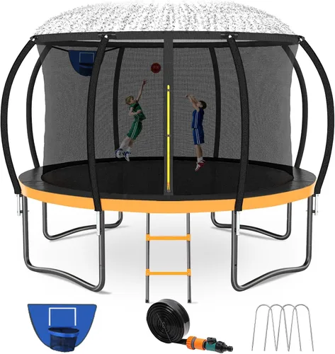 Vista 13 de Kiivakii Trampolín de 12, 14, 16 pies, trampolines grandes para exteriores para niños y adultos, trampolines recreativos con aro de baloncesto