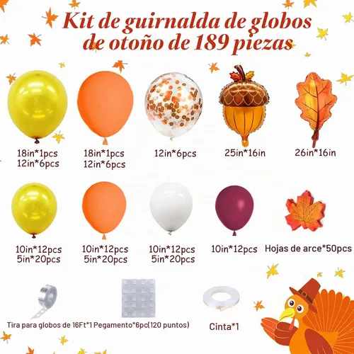 Vista 2 de AobkDeco Kit de arco de guirnalda de globos de otoño de 189 piezas, decoraciones de otoño, globos naranjas, burdeos, blancos, para Acción