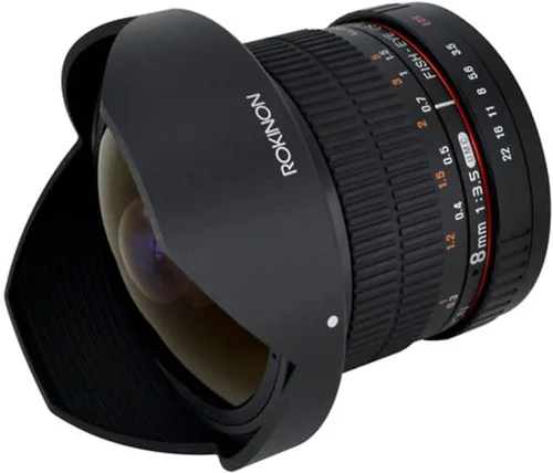 Vista 2 de Rokinon HD8M-C - lente de ojo de pez con capucha desmontable, 8 mm f/3.5 HD para Canon DSLR 8-8mm, lente fijo sin zoom, negro