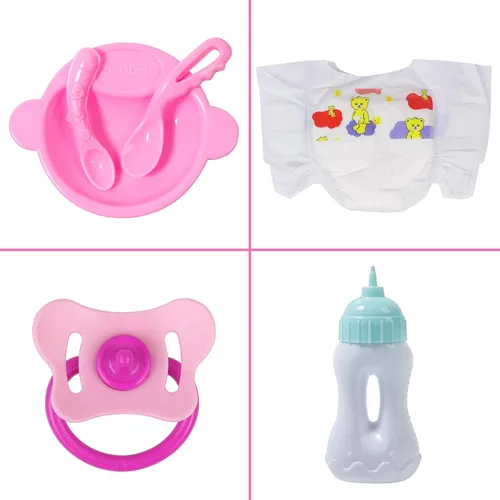 Vista 2 de UNICORN ELEMENT Juego de 12 accesorios para muñecas de bebé, kit de alimentación y cuidado con bolsa de pañales, pañales para muñecas, 2 botellas