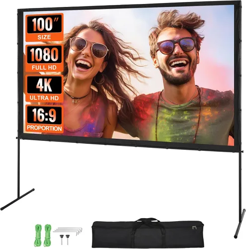 Vista 14 de VEVOR Pantalla de proyector con soporte, pantalla de proyección gran angular de 80 pulgadas y 160° para interiores y exteriores, 16:9 4K HD sin