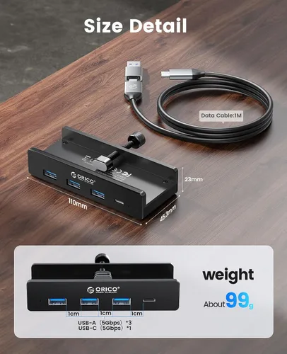 Vista 6 de ORICO Hub USB 3.0, Hub USB con Abrazadera con Puerto de Alimentación Extra, Adaptador USB de Aluminio de 4 Puertos con 3 Puertos de Datos USB-A