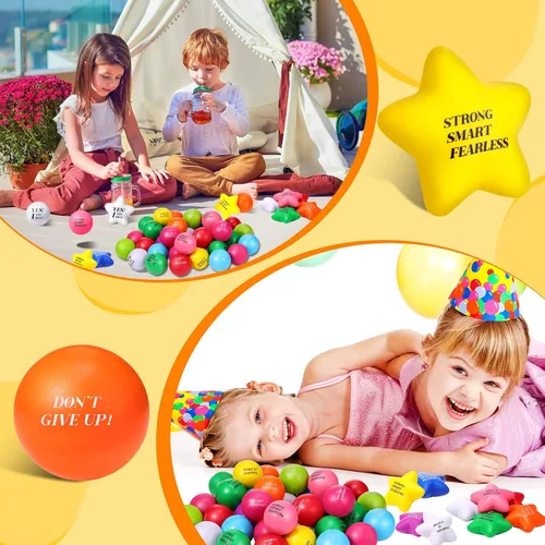 Vista 5 de Jerify 140 bolas de estrés a granel para adultos, espuma colorida, estrella motivacional, bola de estrés, juguete de regalo con citas inspiradoras