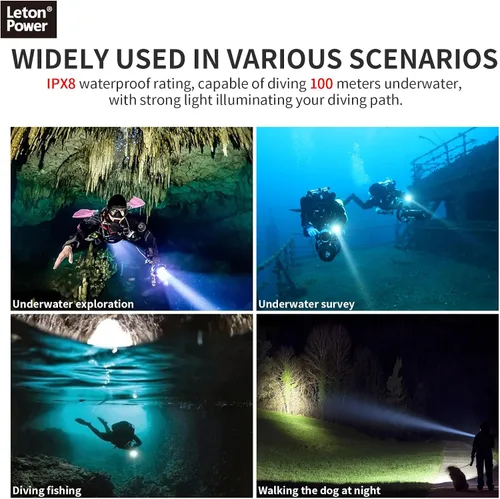 Vista 7 de Linterna submarina 14S de 2000 lúmenes con correas de gancho y bucle, 6 modos de linterna de buceo súper brillante, USB-C recargable, IP68 328 pies