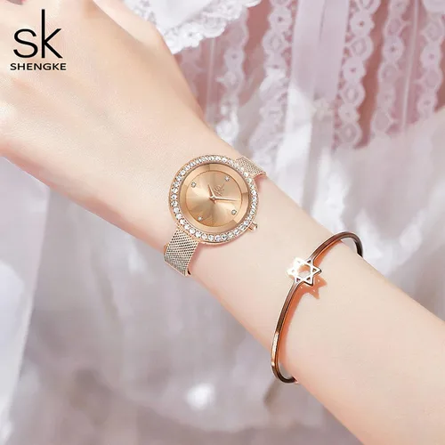Vista 6 de SHENGKE Reloj de mujer de lujo analógico de cuarzo de moda de cuarzo para mujer, reloj impermeable para mujer Relogio Feminino, K0169-oro rosa