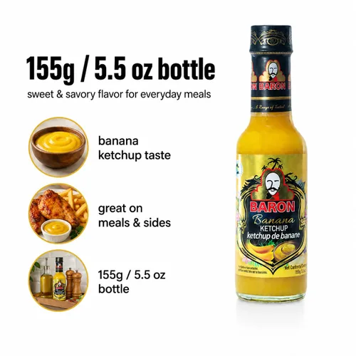 Vista 4 de Baron Ketchup de plátano, salsa caribeña dulce y picante, botella de 5.5 onzas