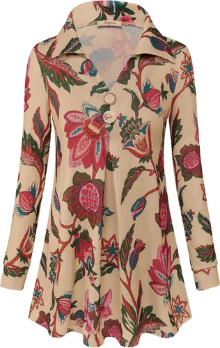 Vista 2 de Bebonnie Blusa casual de manga larga con cuello en V y solapa para mujer con botones