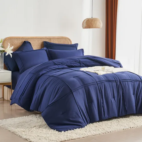 Vista 10 de Yogeneg Juego de edredón tamaño Twin de 5 piezas en una bolsa, juego de ropa de cama Twin con diseño de cuadrícula y pliegues beige, juego