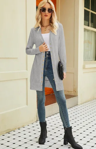 Vista 6 de Halife Womens Long Sleeve Cardigans Lightweight Ribbed Neckline Soft Knit Cardigan Sweater with Buttons