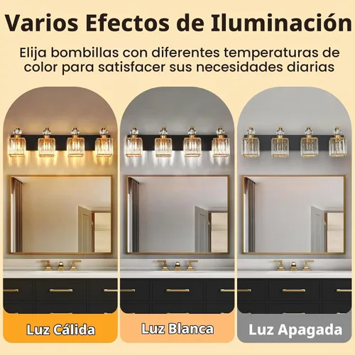 Vista 2 de Lámpara Moderna de Tocador de Baño, Luminarias de Baño de 4 Luces Negro Dorado Sobre Espejo, Aplique de Pared de Cristal de 28.4