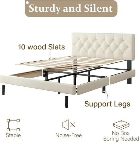 Vista 4 de CXVX Marco de cama de tamaño matrimonial con estructura de plataforma y cabecera tapizada, diseño con botones, listones de madera resistentes,