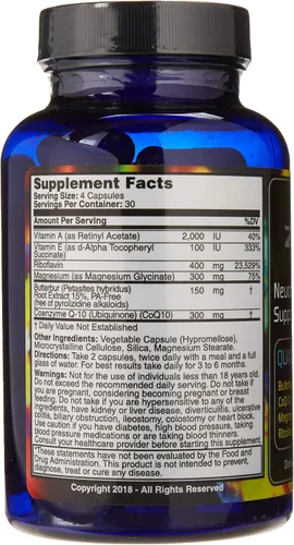Vista 2 de Alivio de la migraña, fórmula cuádruple con mantequilla sin PA (150 mg), CoQ10 (300 mg), glicinato de magnesio (300 mg), riboflavina de alta dosis