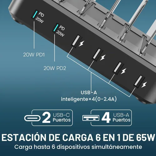 Vista 2 de Estación de carga para múltiples dispositivos, 65 W, 6 puertos, estación de carga rápida USB C con 6 cables de carga mixtos, base de carga
