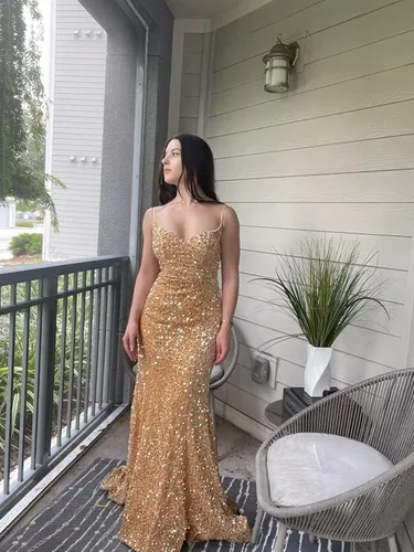Vista 5 de Qgeno Vestidos de fiesta de lentejuelas brillantes para mujer, vestidos largos de sirena con cuello en V, sin espalda, vestidos de noche formales