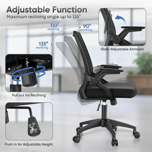 Vista 6 de Ergonomic Office Chair, Home Desk Chair with Flip-Up & Adjustable Armrest, 135° Reclining Tilt Lock, Thickness Cushion Mesh Back Office Chairs for