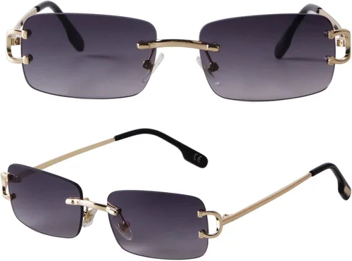 Vista 17 de Rimless Sunglasses for Men Women Small Narrow Rectangle Sunglasses 2 piezas: azul degradado+marrón degradado