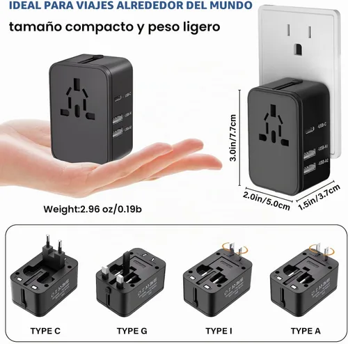 Vista 2 de Adaptador de enchufe de viaje con 2 USB A+1 USB C, adaptador de viaje universal todo en uno, convertidores de corriente, cargador de pared